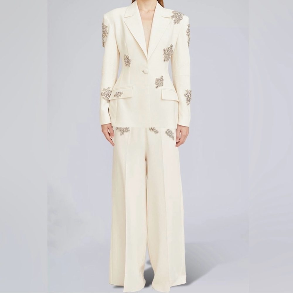 High End Rhinestone Embellished White Blazer and Pant set